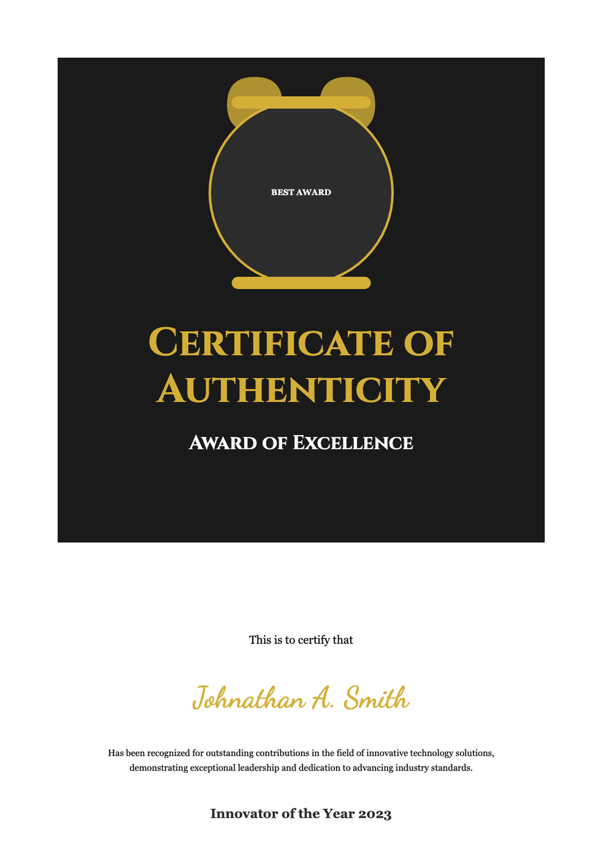 Elegant black and gold certificate of authenticity with laurel wreath and award seal_variant_1